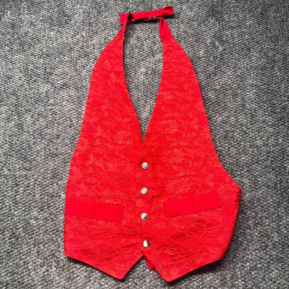 The Bandmans Company Halter Vest Womens Red Lace Floral Open Back Front Button